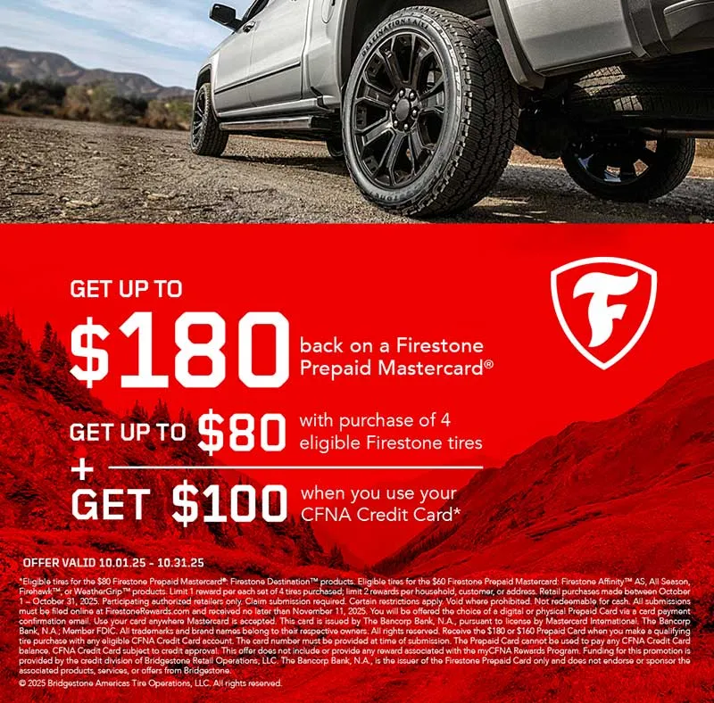 Firestone tire purchase offers cashback promotion.