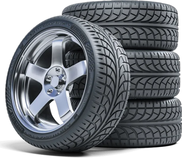 Stack of new car tires with alloy wheel